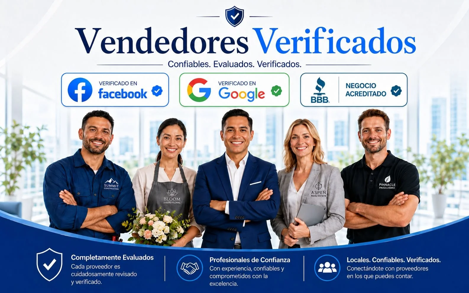 Insignias de verificación de Facebook, Google y BBB sobre un grupo de proveedores de quinceañera confiables en Dallas–Fort Worth