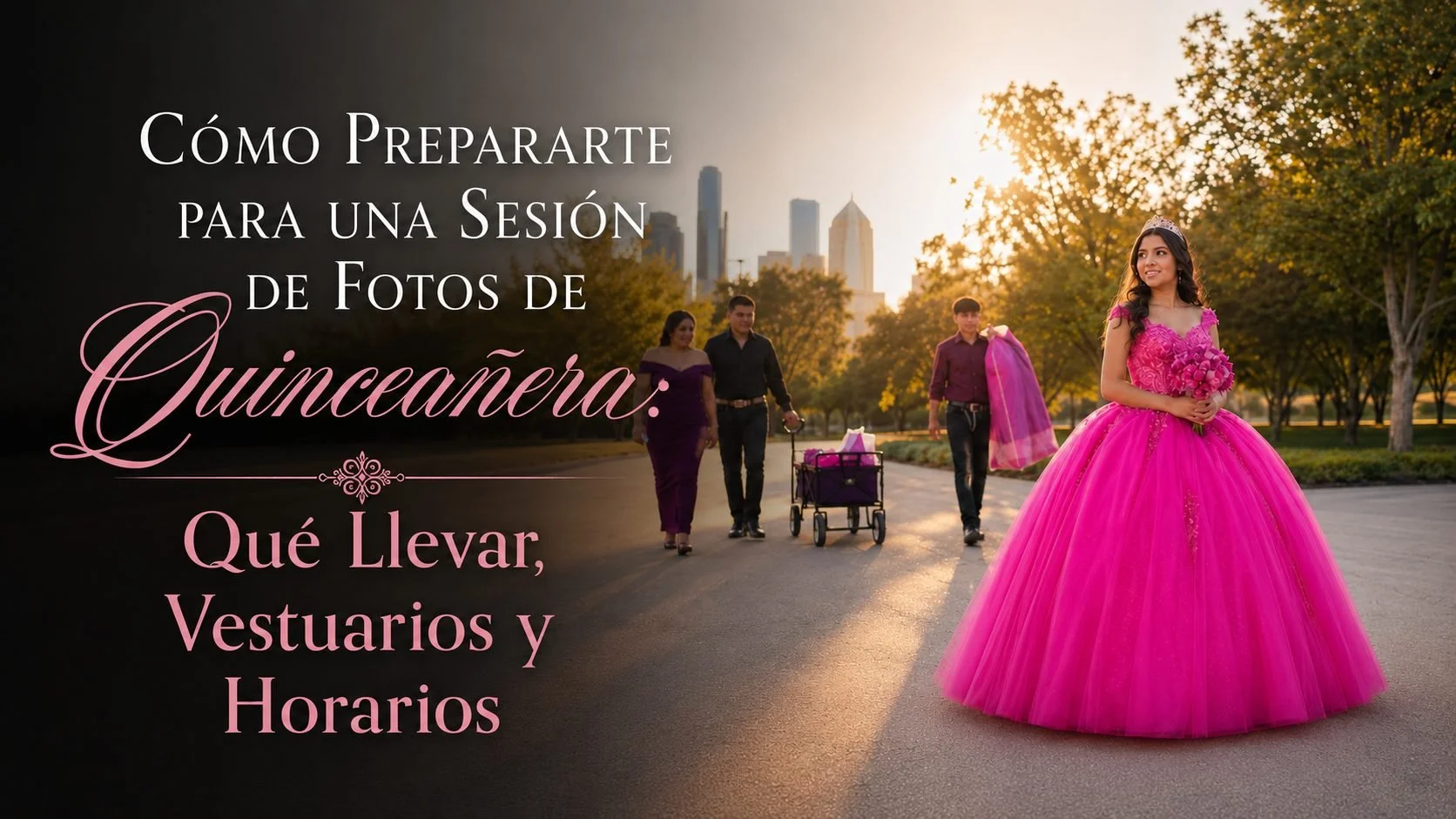 Banner de Cómo Prepararte para una Sesión de Fotos de Quinceañera sobre qué llevar, vestuarios y horarios, con una quinceañera de vestido fucsia en un parque de Dallas al atardecer mientras su familia la sigue con un carrito