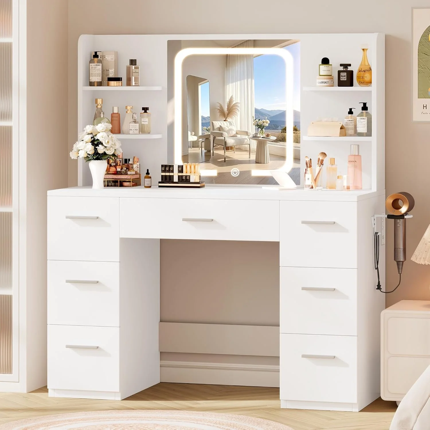 Makeup vanity desk with mirror and stool, a quinceañera gift