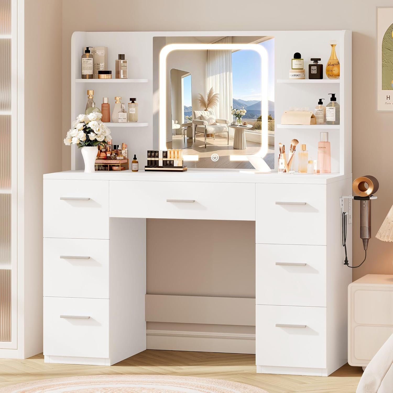 Makeup vanity desk with mirror and stool, a quinceañera gift