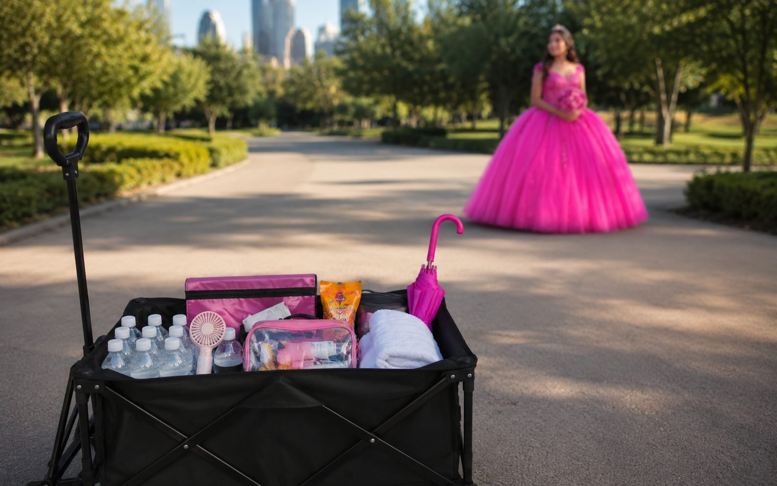 Carrito plegable con botellas de agua, abanico, sombrilla y kit de retoque en una sesión de quinceañera, con la quinceañera al fondo