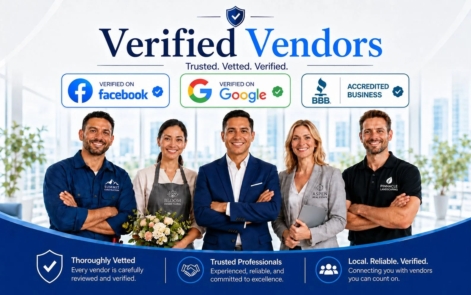 Verified Vendors badges — verified on Facebook, verified on Google, and BBB Accredited Business — shown above a group of trusted, vetted vendors