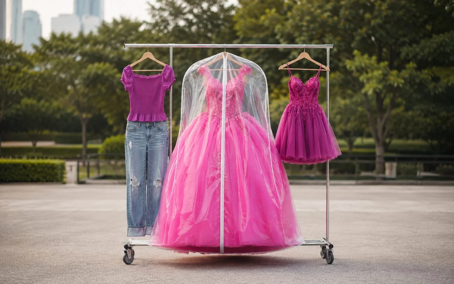 Three quinceañera photoshoot outfits on a rolling rack: casual jeans and top, the pink quince gown in a garment bag, and a short second dress