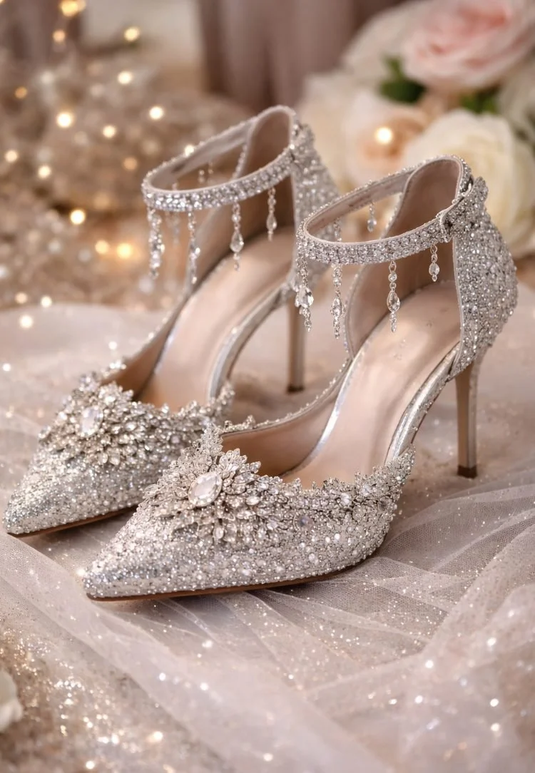 Sparkling crystal and pearl quinceañera high heels with ankle straps, styled against soft pink roses and warm fairy lights