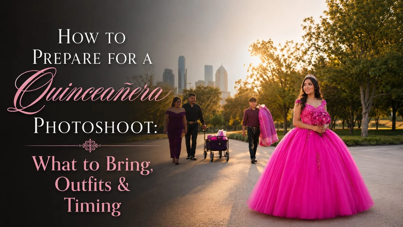 Banner for How to Prepare for a Quinceañera Photoshoot covering what to bring, outfits, and timing, with a quinceañera in a fuchsia gown on a sunlit Dallas park path as her family follows with a wagon