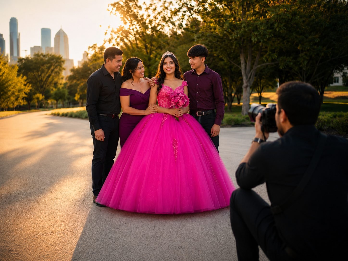 Fotógrafo capturando a una quinceañera con amplio vestido fucsia posando con su familia a la hora dorada, con el horizonte de Dallas al fondo