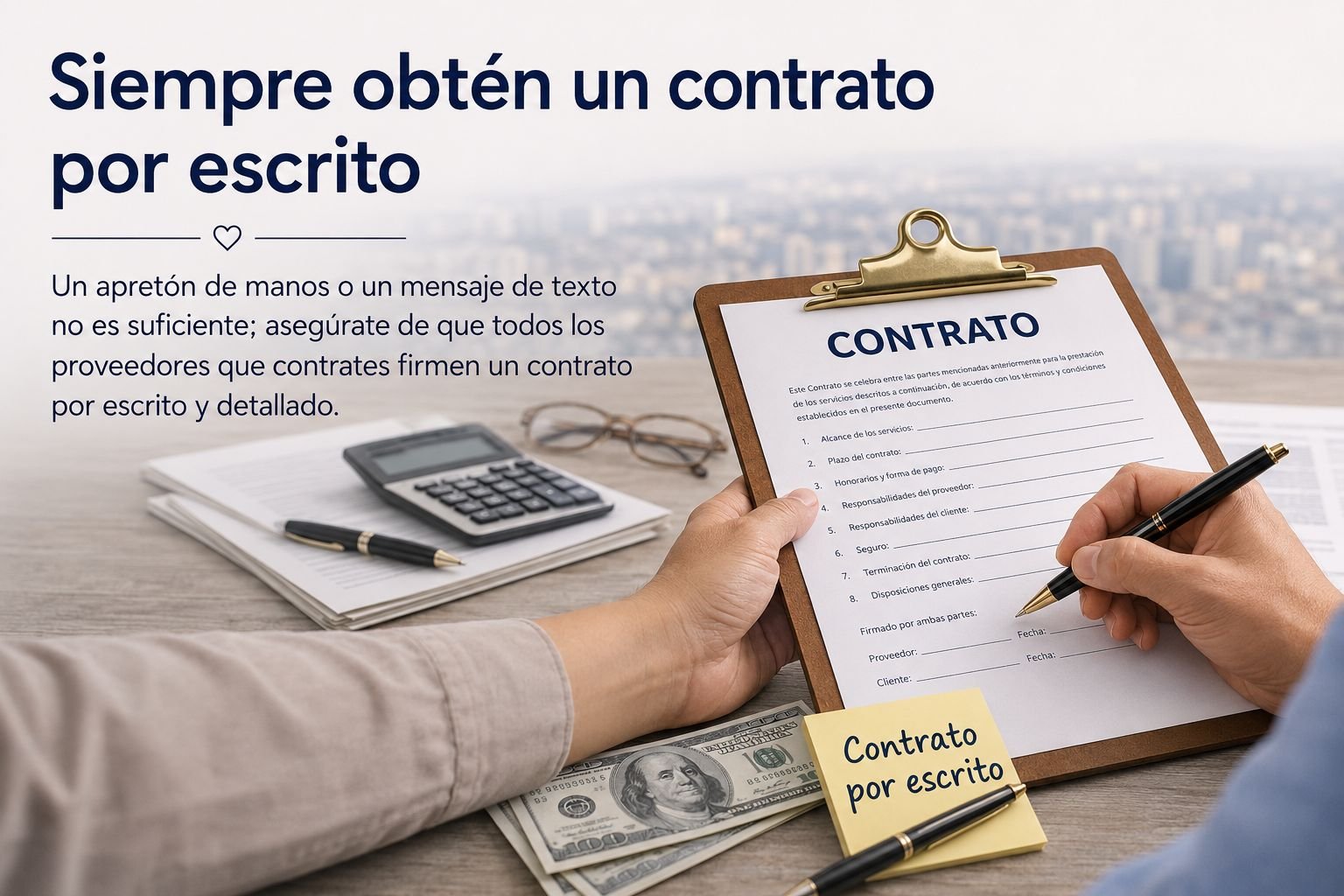 Siempre obtén un contrato por escrito — firma un contrato detallado con cada proveedor de tu quinceañera.