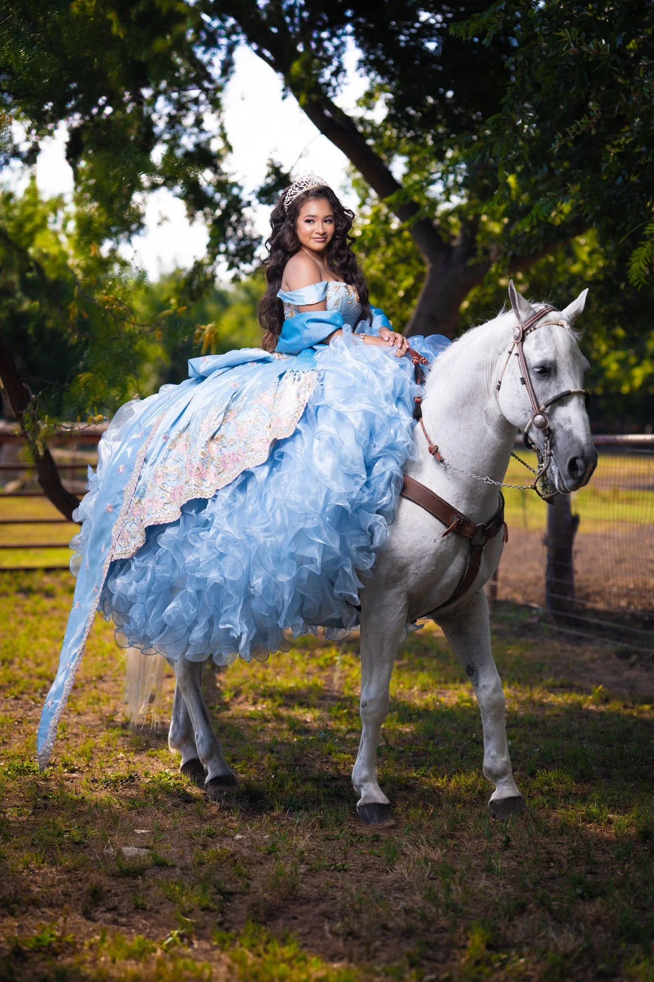 Quinceañera in a blue charro gown with a white horse