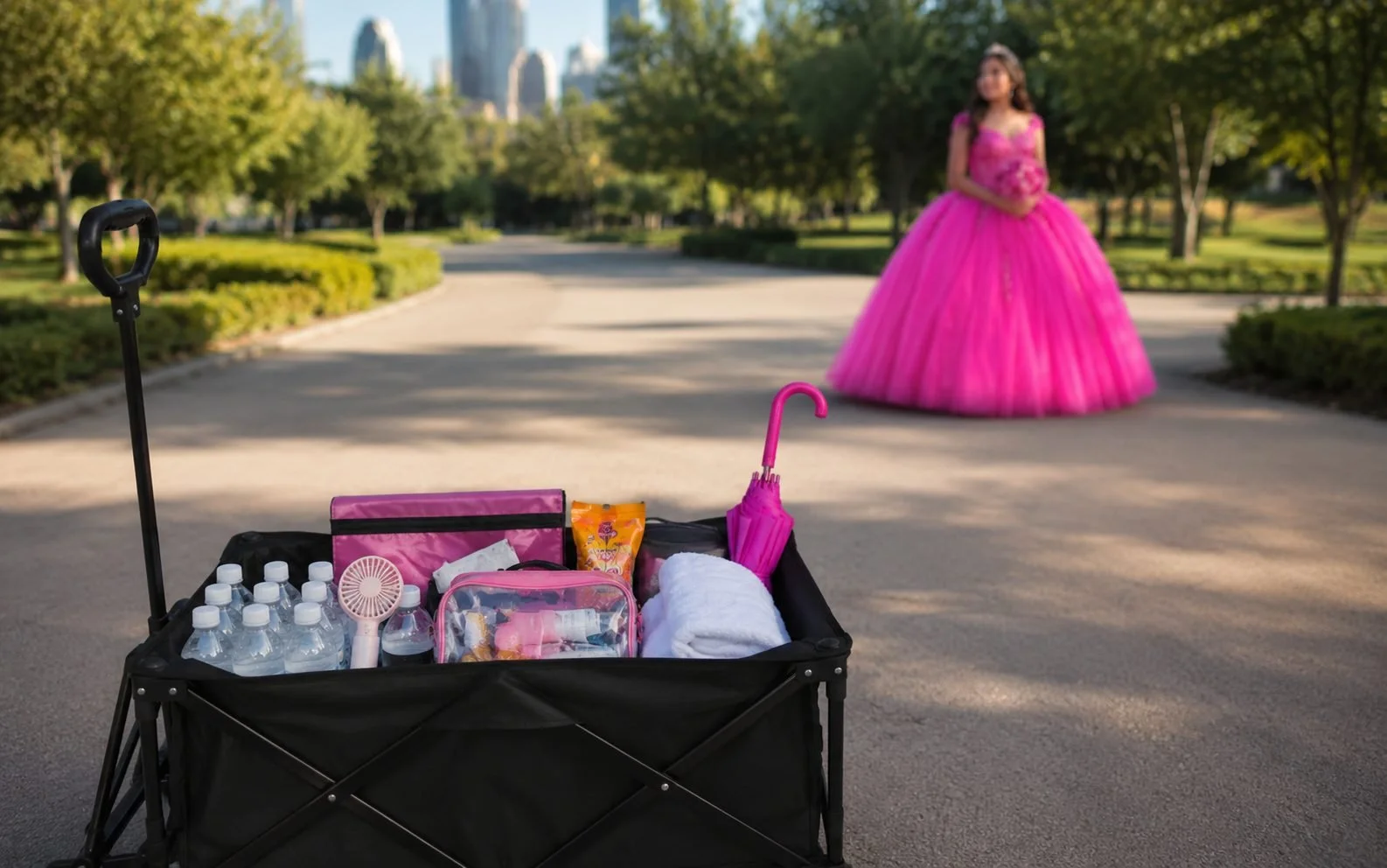 Folding wagon packed with water bottles, hand fan, umbrella, and touch-up kit at a quince photoshoot, the quinceañera in her gown behind