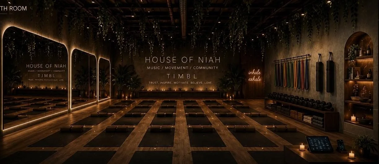 Concept render of the strength and yoga room: warm wood floor, arched mirrors, hanging plants, and an equipment wall.