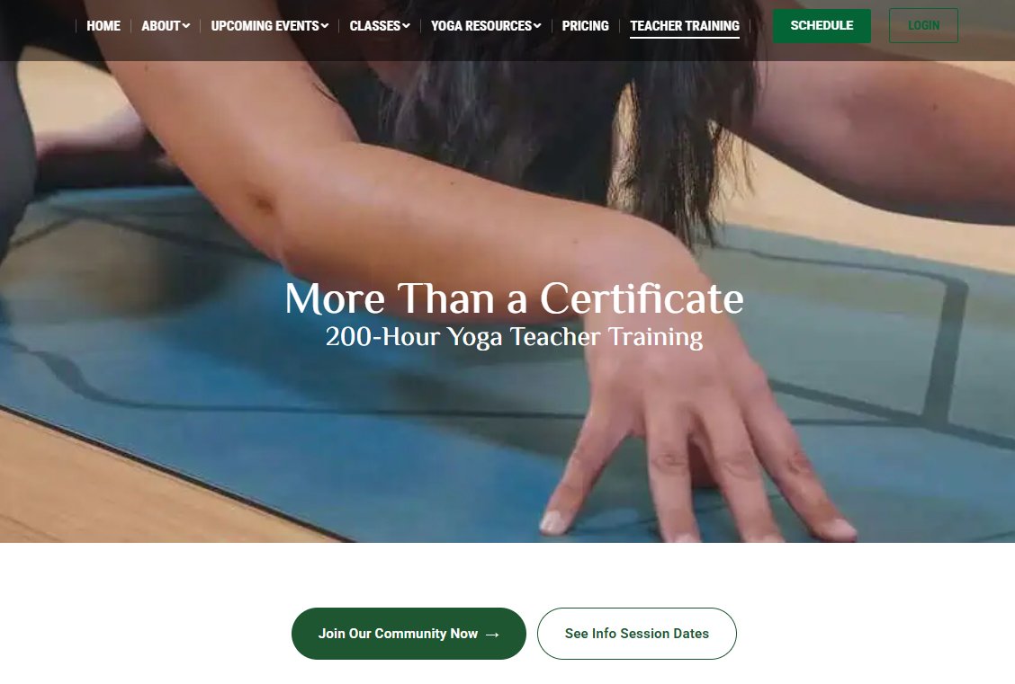 Rebuilt 200-hour Teacher Training page for Three Trees Yoga on desktop, showing the headline More Than a Certificate