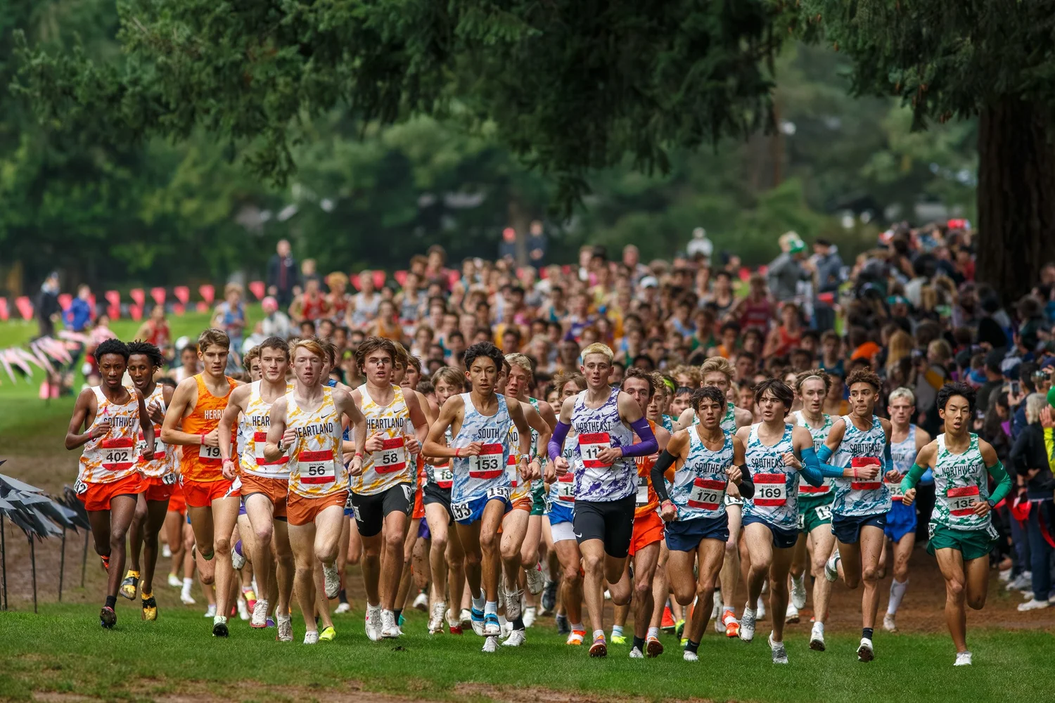 Championship racing at Nike Cross Nationals, Glendoveer Golf Course, Portland OR
