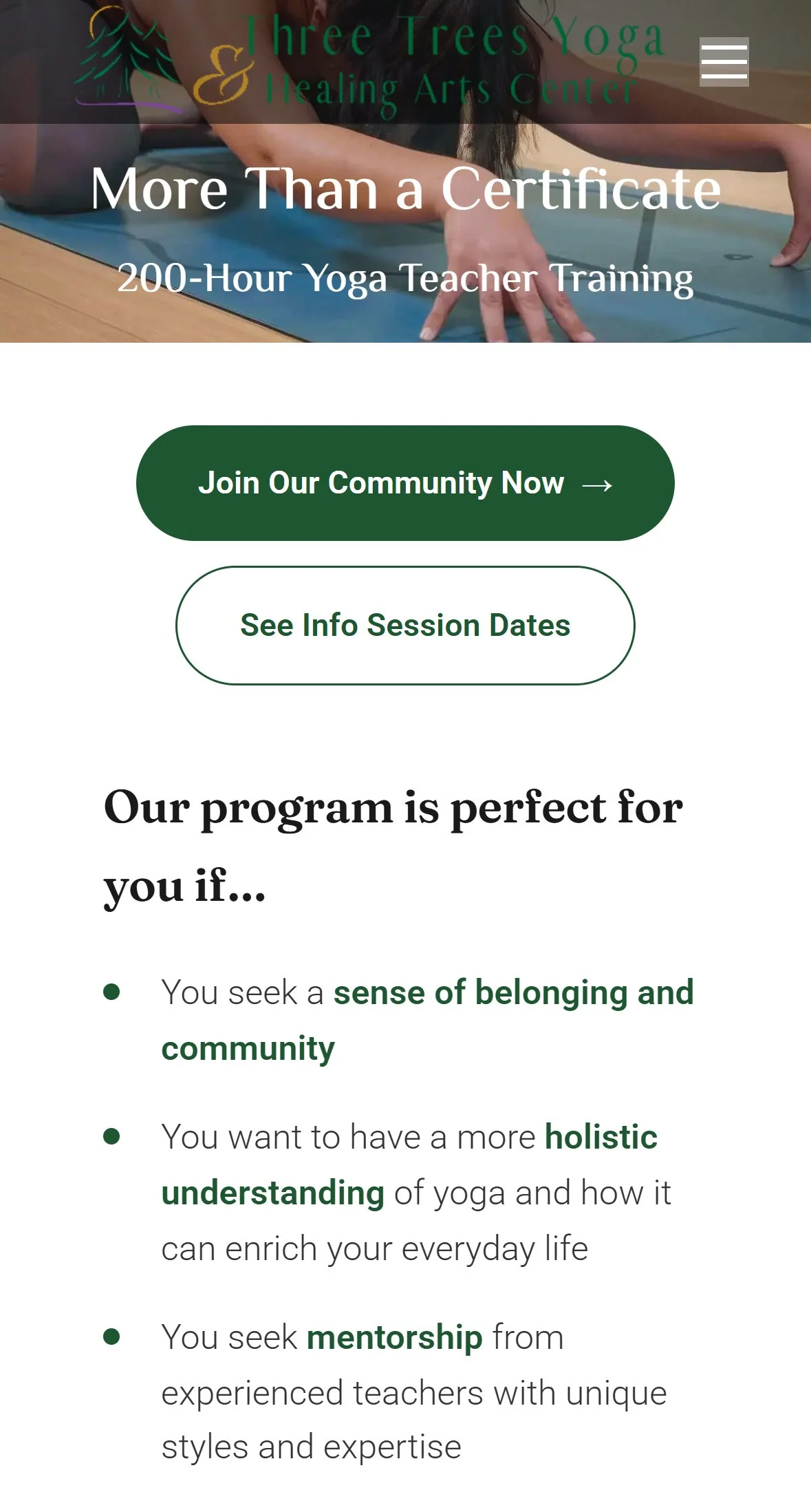 The same Teacher Training page on a phone, showing the headline and two buttons stacked in one column