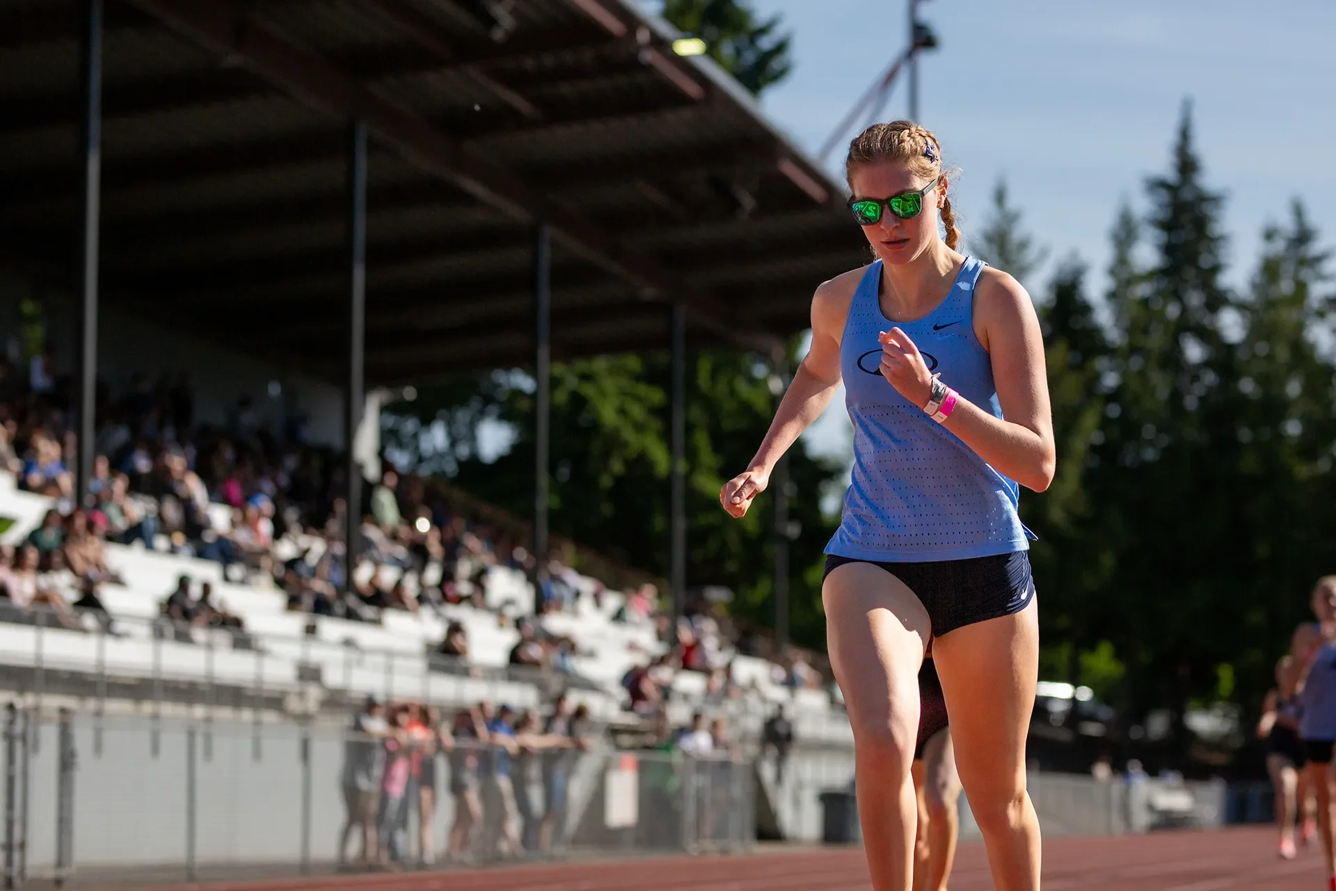 Lejla Carlsson of Gig Harbor racing the 800m at the 2026 district championships at French Field