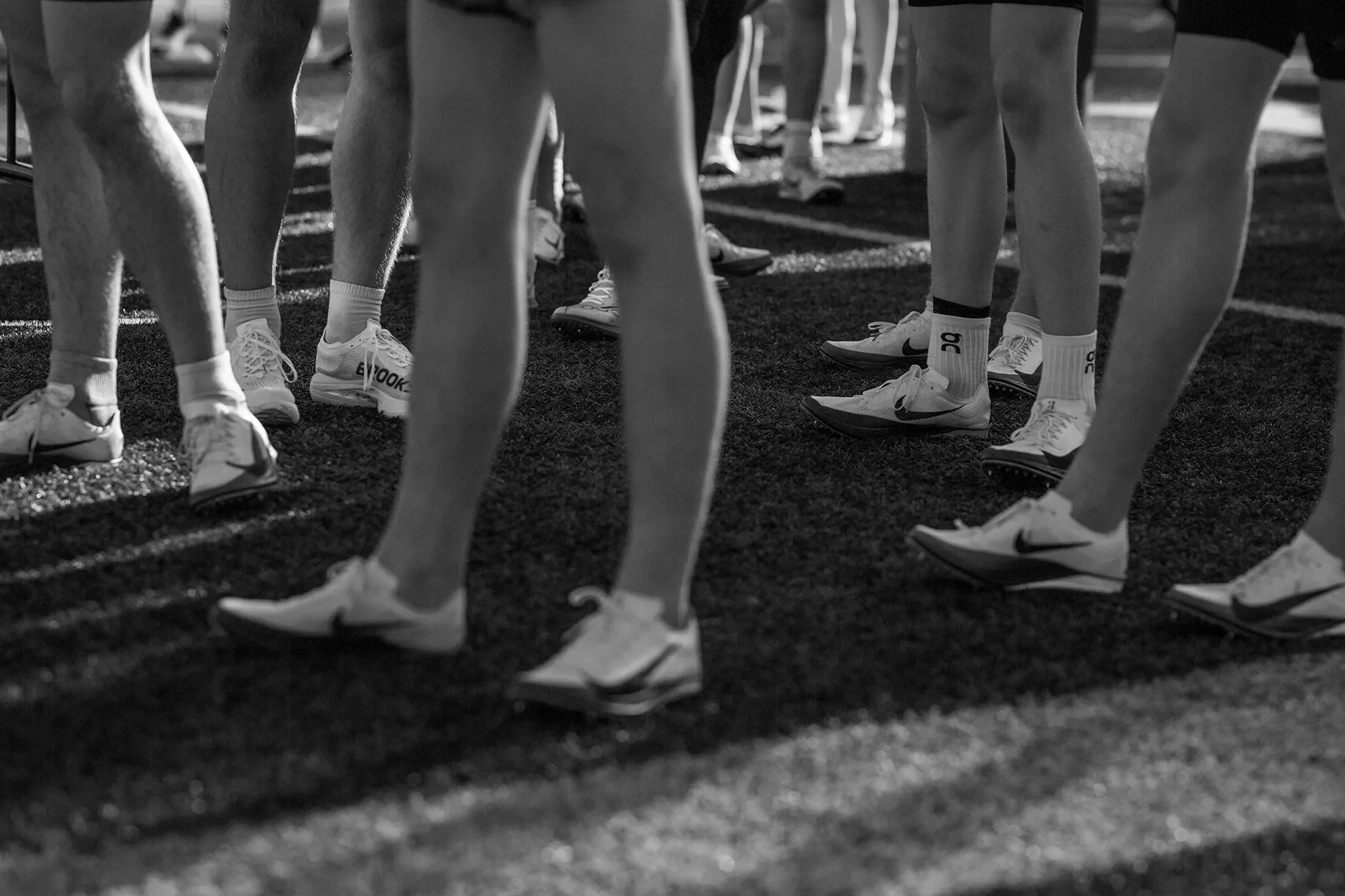 Close-up of Nike spikes before the 3200m at the 2026 district championships