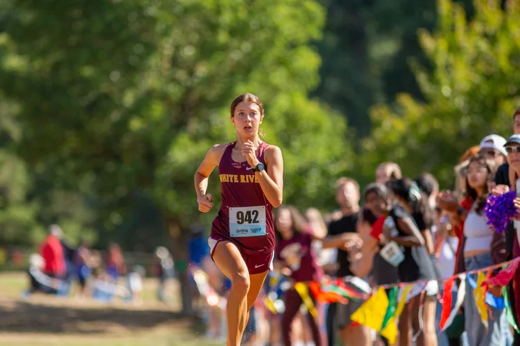 Paeton Poelman of White River racing the 2025 Olympia XC Classic at LBA Park — 3A NPSL sub-district champion