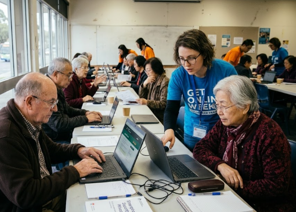 Seniors learning how to access official Australian public portals safely