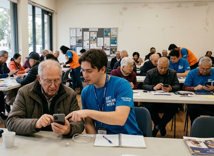 Community trainer guiding an elderly learner through smartphone security settings