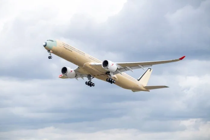 Qantas A350-1000ULR Project Sunrise aircraft in Airbus factory primer during test flight