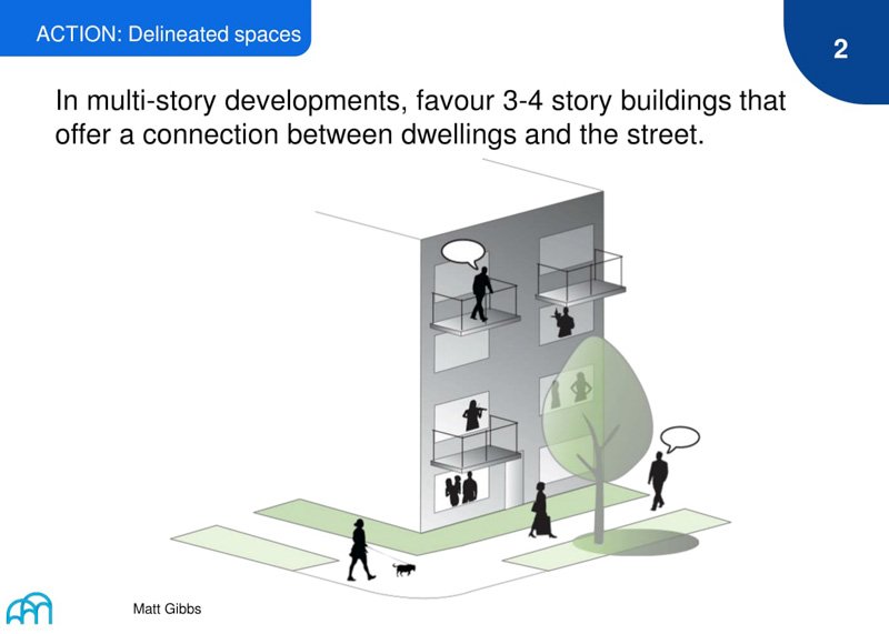 An architectural suggestion for 3-4 story buildings in a multi-story development, allowing for better connection between dwellings and the street.