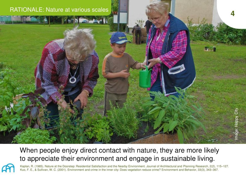 A slide titled 'RATIONALE: Nature at various scales' with an image of two seniors and a child gardening together.