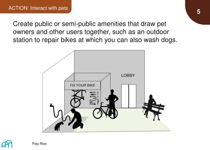 An action item recommending the creation of public amenities that encourage interaction between pet owners and others, like a station for bike repair and dog washing.