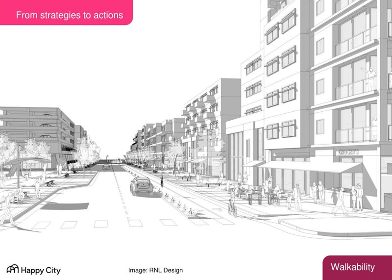 From strategies to actions: Monochromatic architectural rendering of a pedestrian-friendly street with people and buildings.