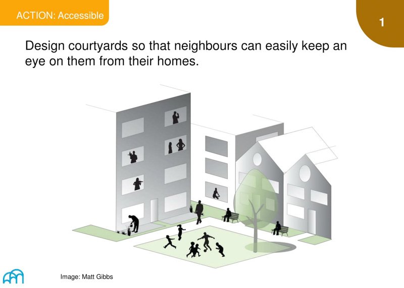 Design illustration of a courtyard visible to neighbours, encouraging community watchfulness.