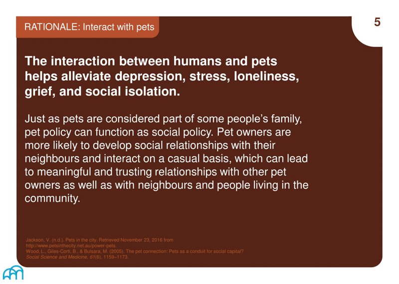 A rationale for pet interaction, highlighting the benefits of human-animal relationships in combating depression and fostering community ties.