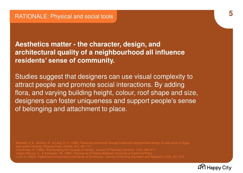 Text slide 'RATIONALE: Physical and social tools' on the importance of aesthetics in neighborhood design for community sense.