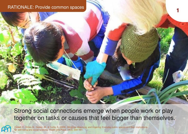 Illustration showing people engaging in gardening in a community garden with text, 'ACTION: Provide common spaces' for interaction and collaboration.