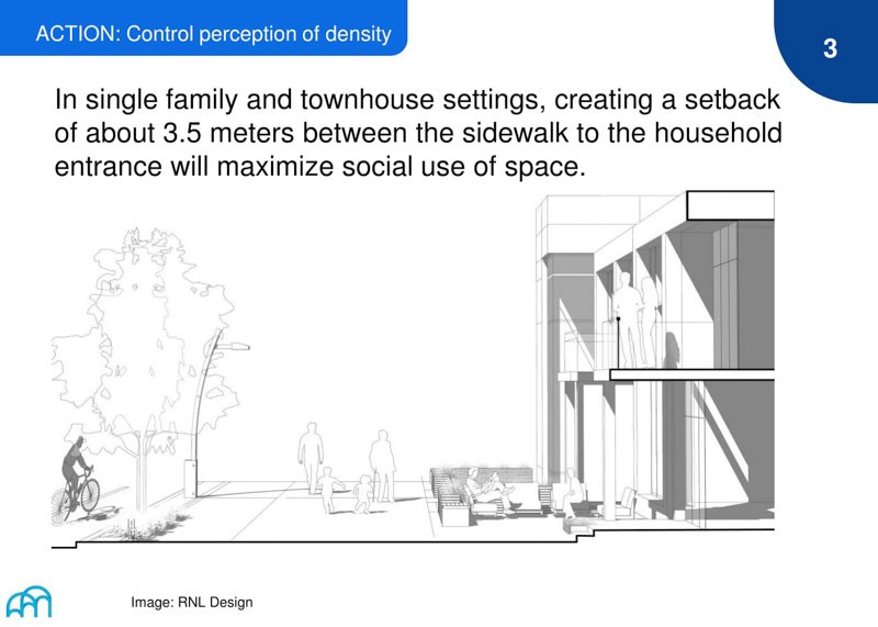 A sketch showing a proposed design for the spacing between sidewalks and building entrances, to optimize social interaction in single family and townhouse settings.