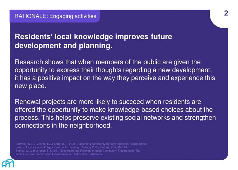 Rationale: Text slide stating that residents' knowledge aids in development and planning.
