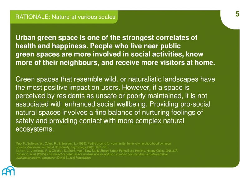 A text slide discussing the benefits of natural landscapes on social wellbeing in urban green spaces.