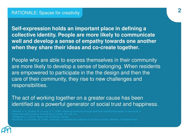 A slide titled 'RATIONALE: Spaces for creativity,' explaining the importance of self-expression and co-creation in communities.