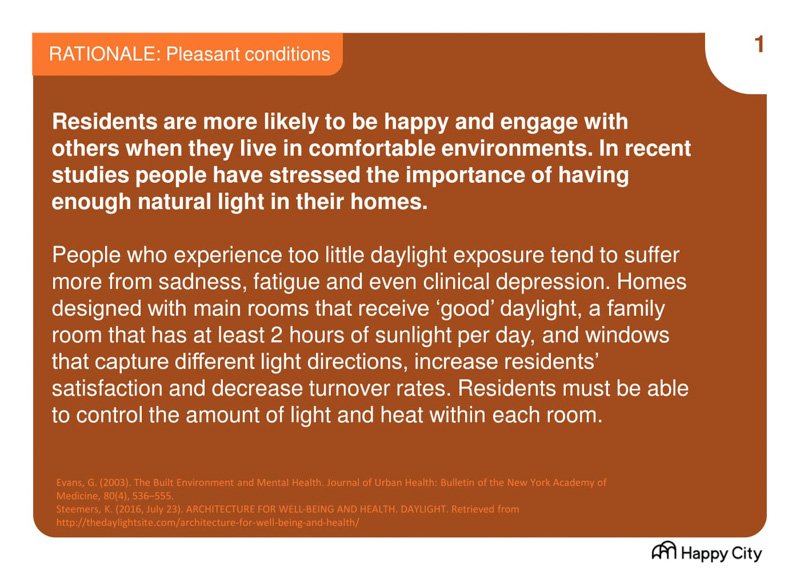 A text slide detailing how comfortable living environments affect residents' happiness and mental health.