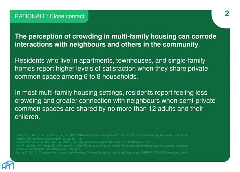 Text slide titled 'RATIONALE: Close contact,' discussing the negative impact of crowding on community interactions and satisfaction levels in multi-family housing.