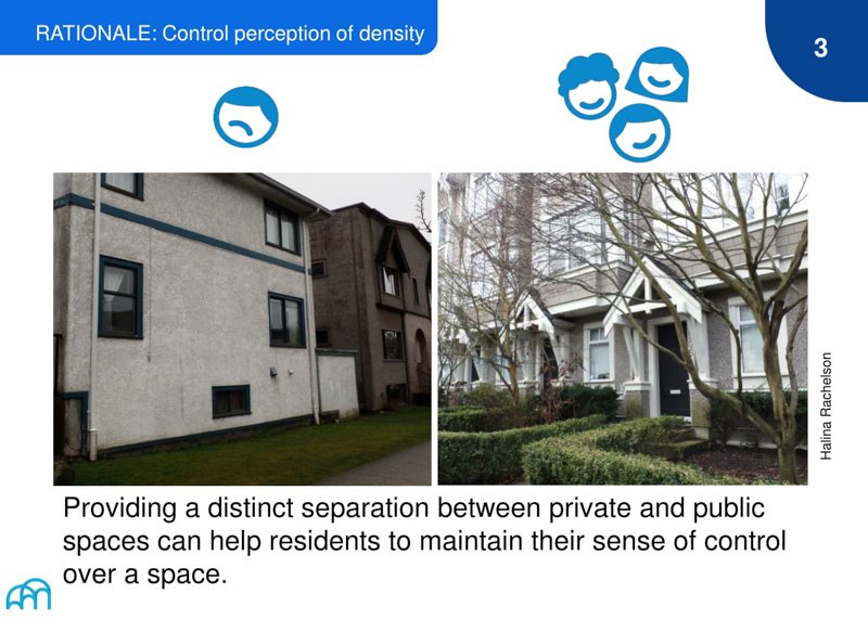 A rationale for the control of the perception of density in housing, explaining the benefits of having separate private and public spaces for maintaining residents' control over their environment.