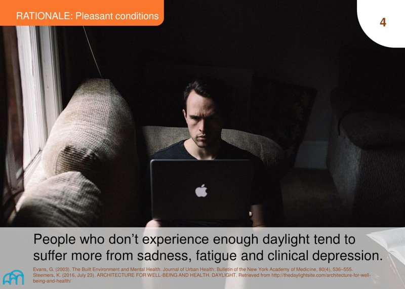 A slide with a photo illustrating the negative effects of insufficient daylight on a person's mood and mental health.
