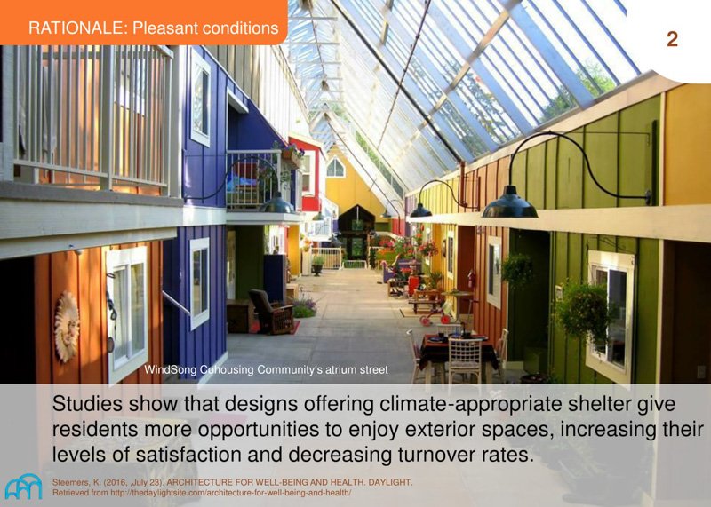 A slide explaining the benefits of climate-appropriate designs for outdoor spaces on residents' satisfaction.