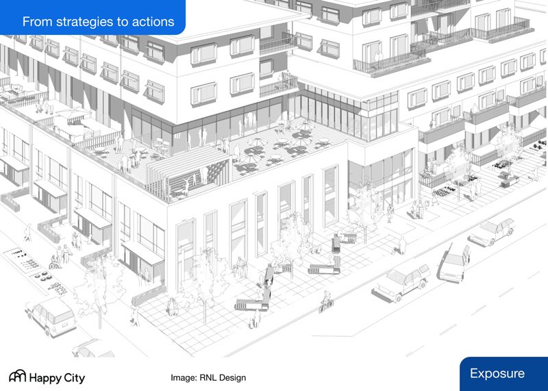 A line drawing of a multi-level residential building with terraces, balconies, and a variety of communal and private spaces, suggesting an integrated community design.