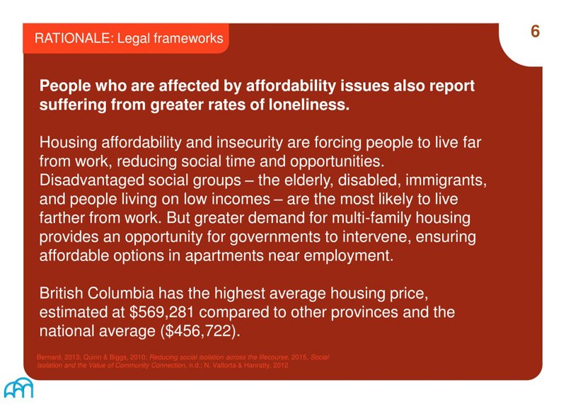 Slide titled 'RATIONALE: Legal frameworks,' linking affordability issues with loneliness and advocating for government intervention to provide affordable housing near employment areas.