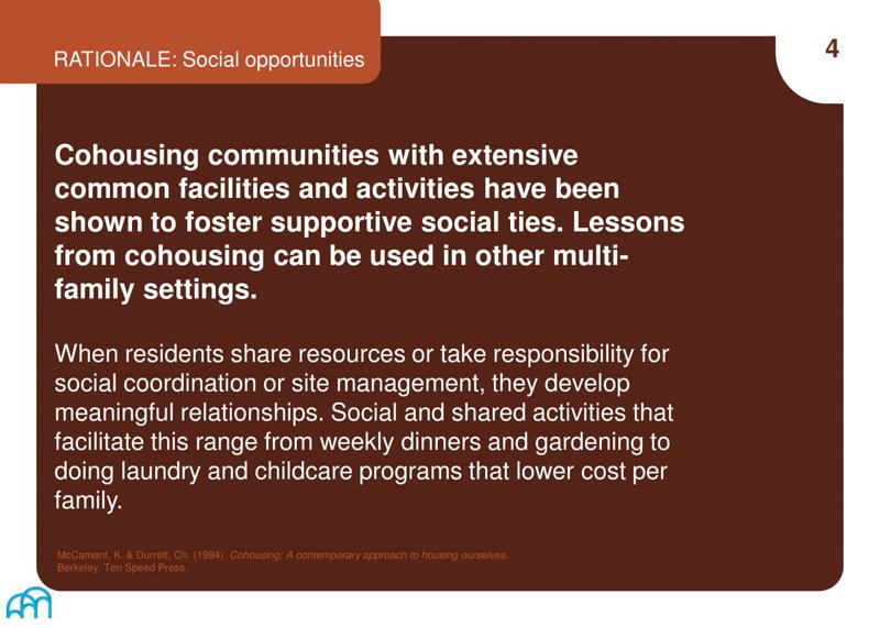 A detailed rationale for the value of cohousing communities, mentioning how sharing resources and activities can strengthen social bonds.