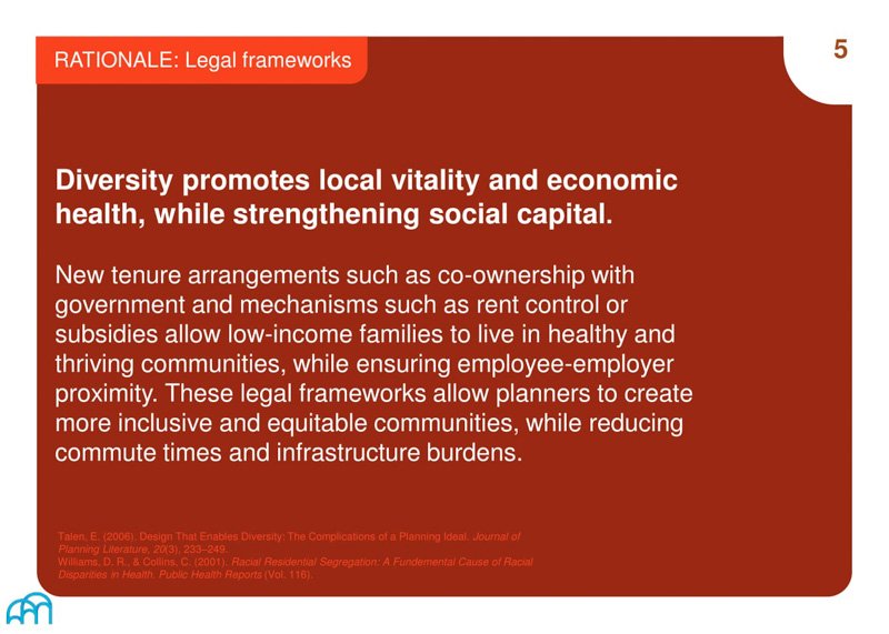 Slide titled 'RATIONALE: Legal frameworks,' discussing how diversity enhances community vitality and social capital through new housing tenure arrangements like co-ownership and rent control.
