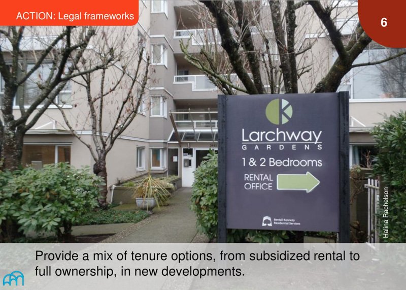 Slide titled 'ACTION: Legal frameworks,' depicting the exterior of 'Larchway Gardens,' advocating for a variety of tenure options in housing developments.