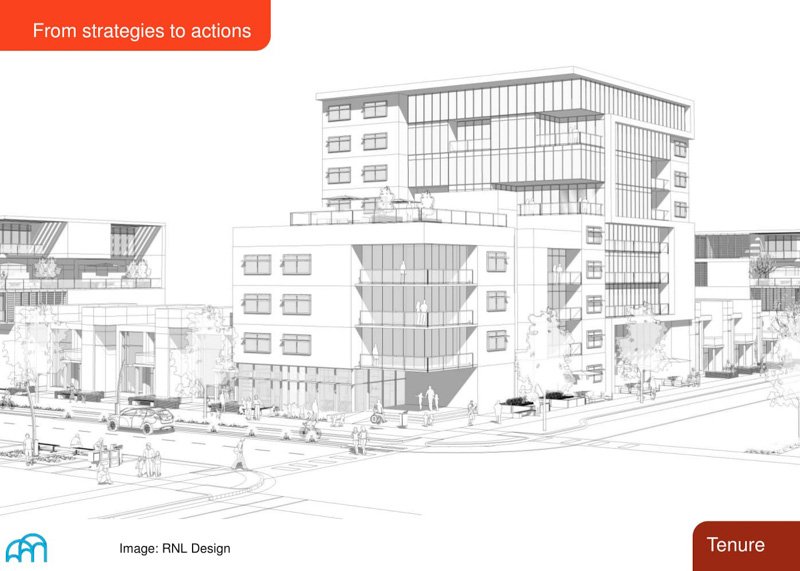 Architectural sketch of a modern, multi-use building with rooftop and street-level communal spaces.