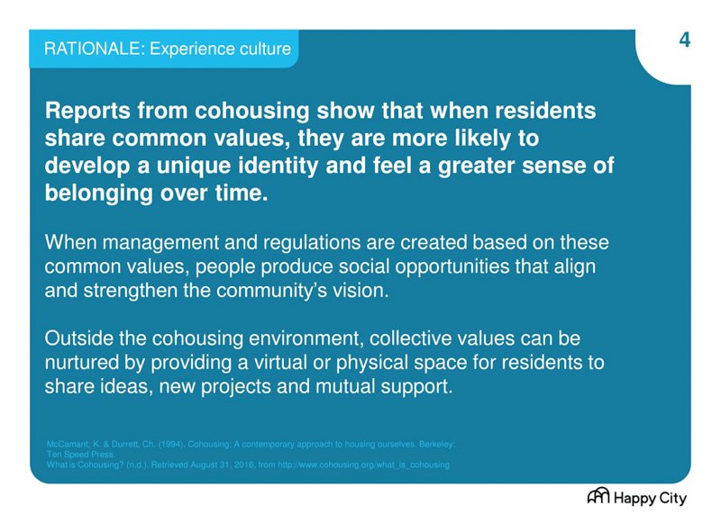 A slide titled 'RATIONALE: Experience culture' on the importance of shared values and identity in cohousing for a sense of belonging.