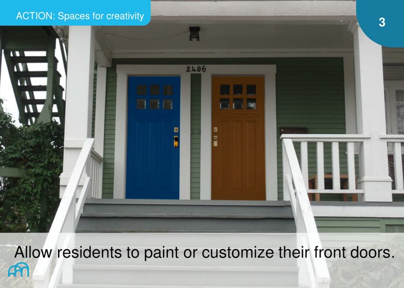 A photo showing two different colored doors, titled 'ACTION: Spaces for creativity,' suggesting residents personalize their doors.