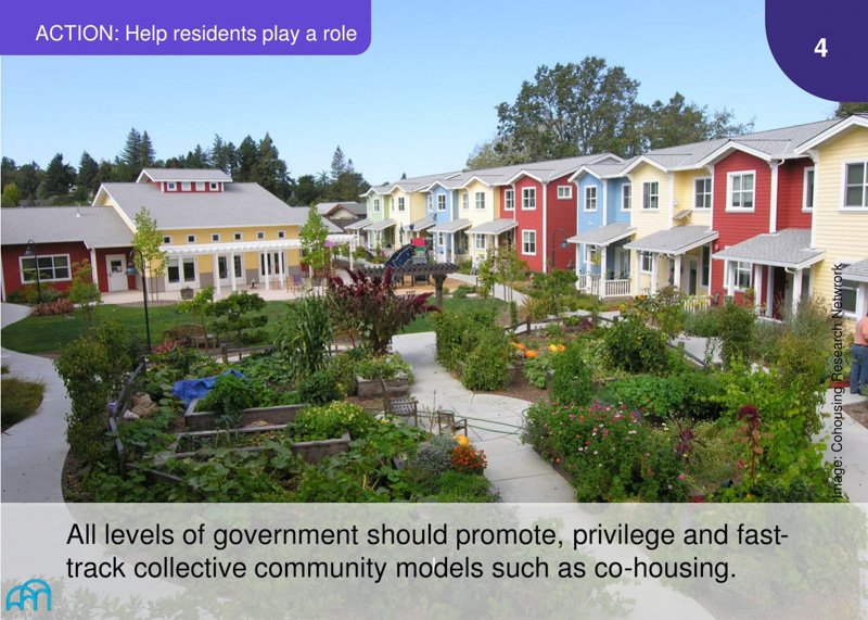 Action: Colorful row houses with a lush shared garden in a cohousing community.
