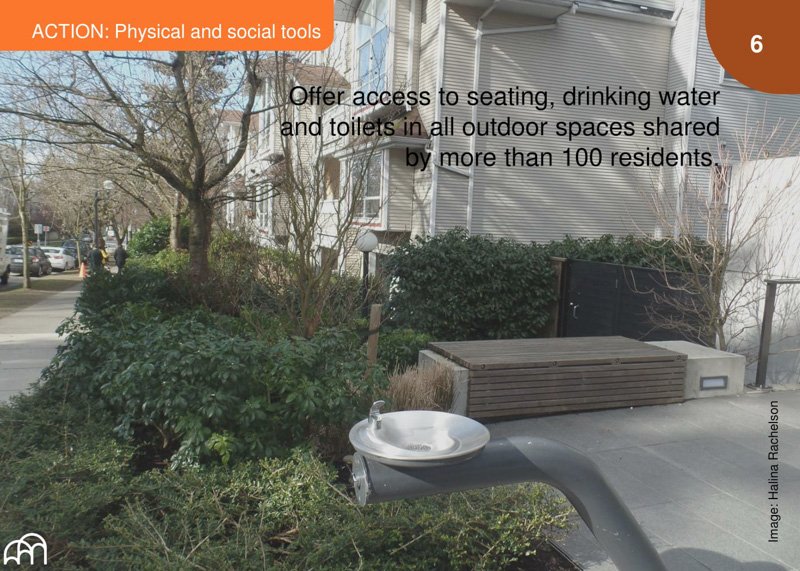 A photo slide titled 'ACTION: Physical and social tools' advocating for amenities in shared outdoor spaces.